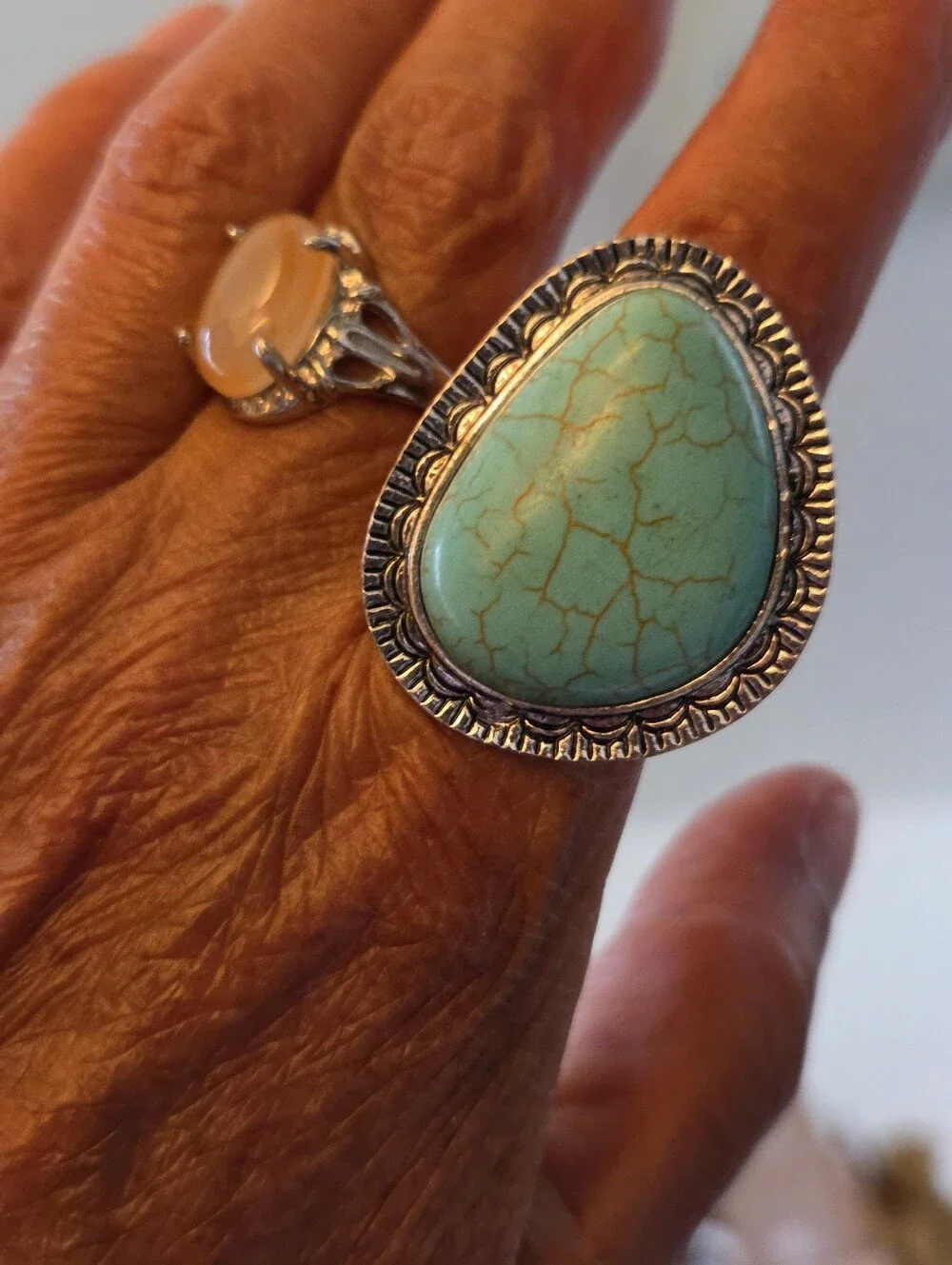 Artisan Faux Turquoise Silver Marbled Ring Size 9 Adjustable Statement Ring